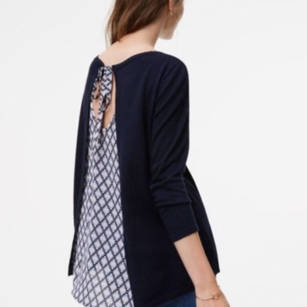 Women's LOFT Navy Mixed Media Bow Back Sweater Size Small